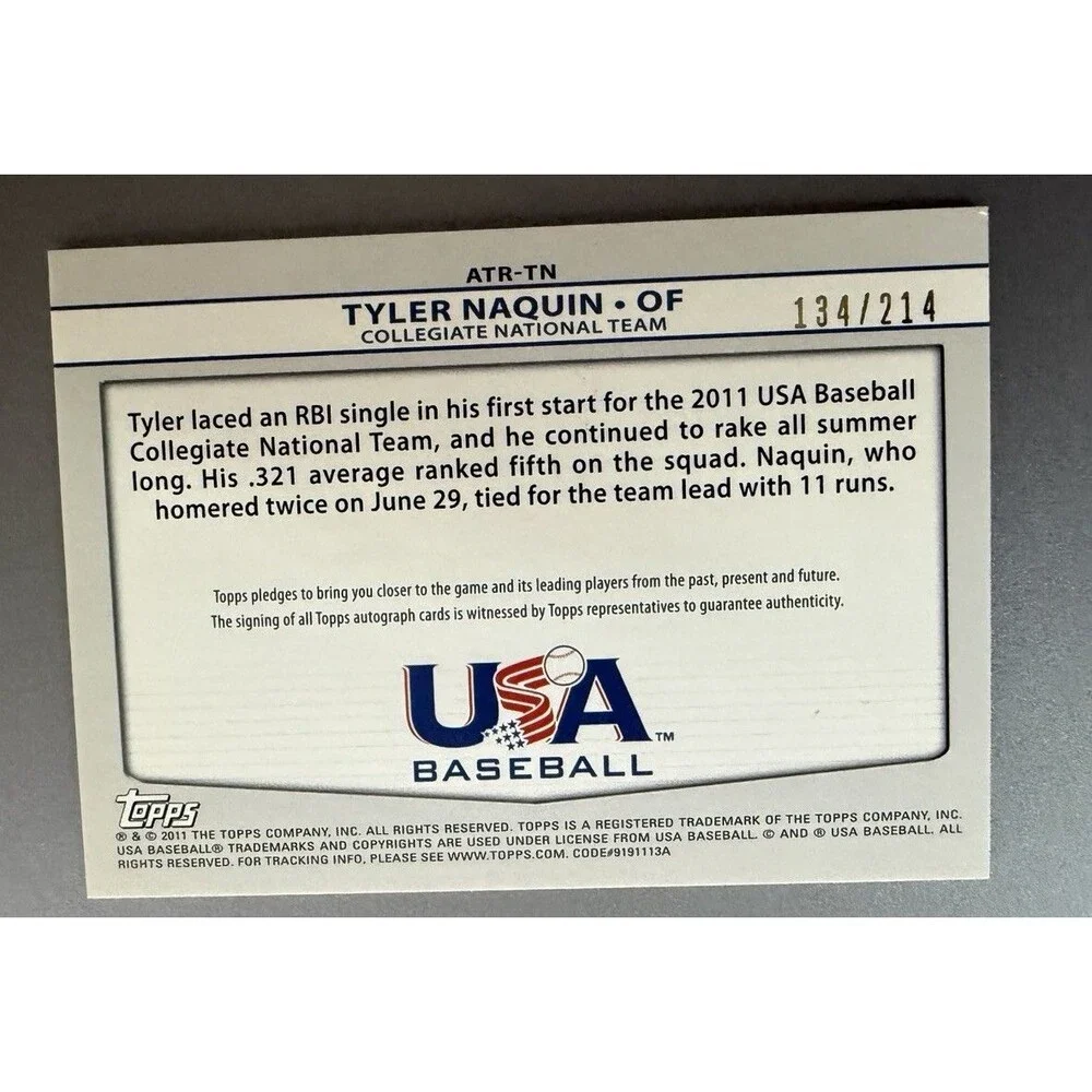 2011 Topps USA Tyler Naquin Triple Jersey Patch Auto /214 #ATR-TN Collegiate